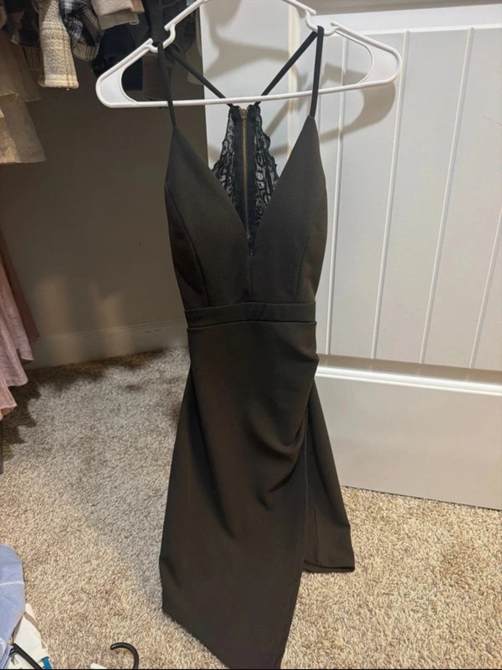 Lulu's Black Asymmetrical V-Neck Slip Dress with Lace Back